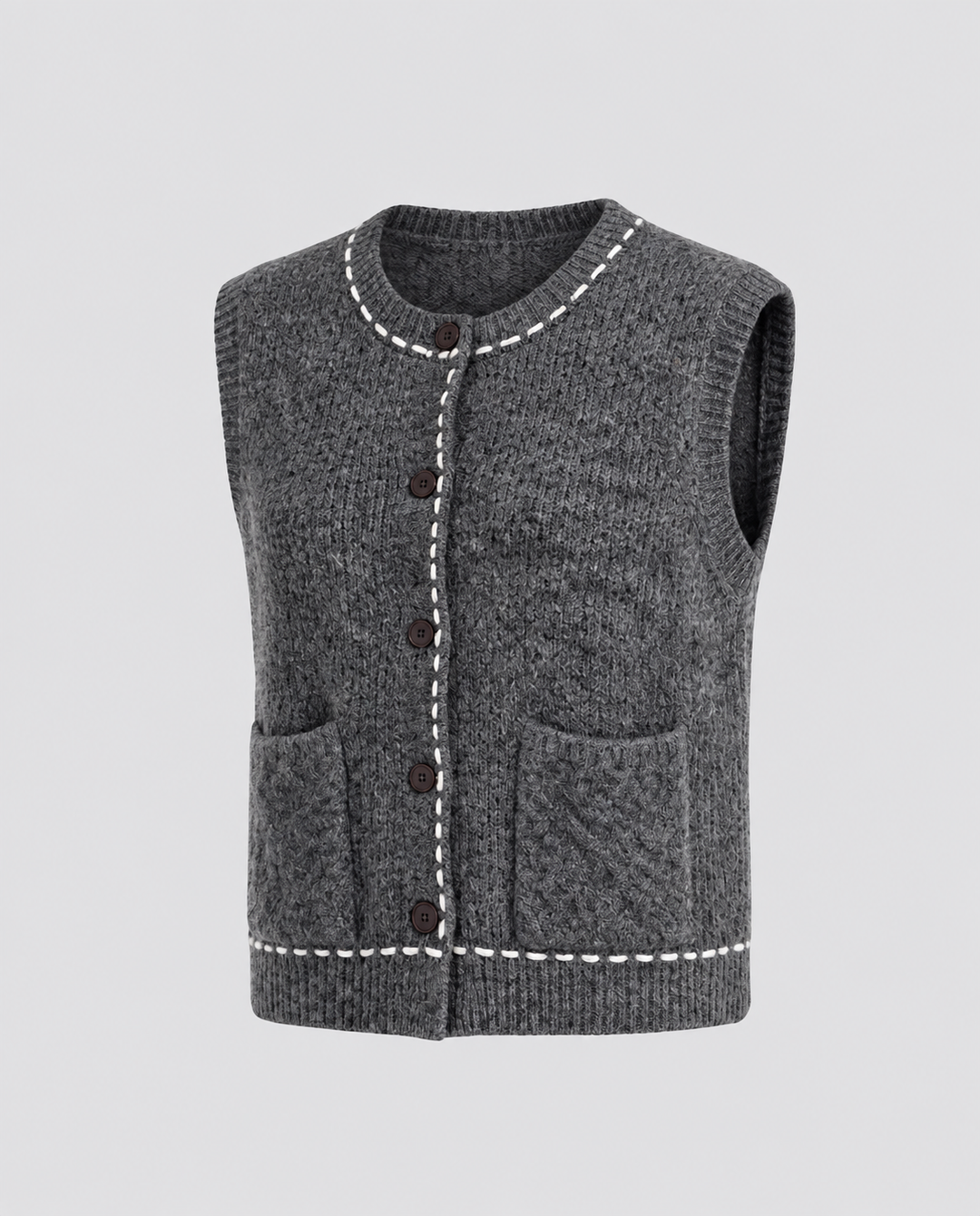 Ladies sleeveless short knit vest with contrast stitching and patch pockets Mune Fashion