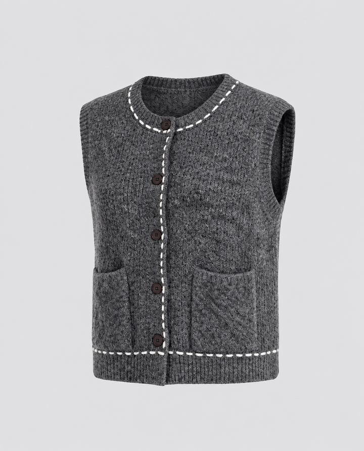Ladies sleeveless short knit vest with contrast stitching and patch pockets Mune Fashion
