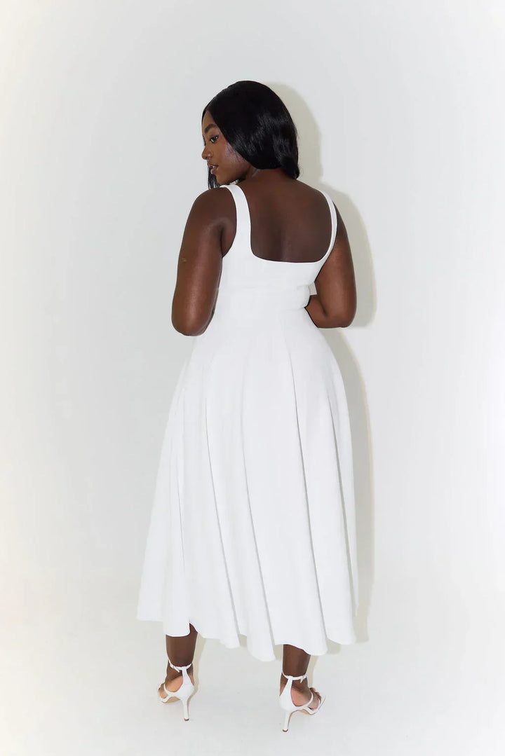 Midi dress with high waist and square neckline