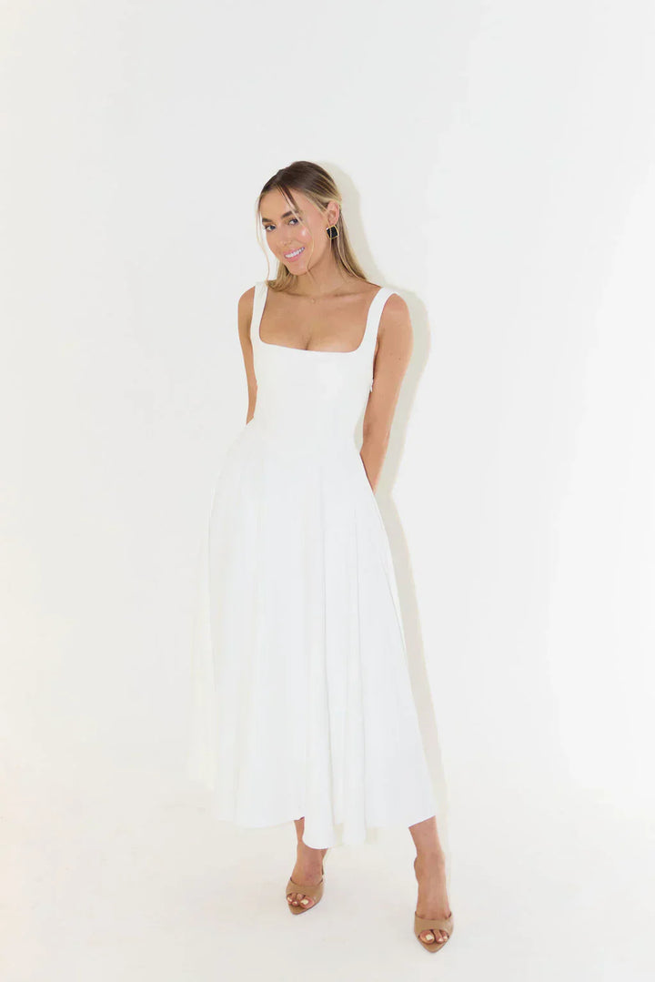 Midi dress with high waist and square neckline