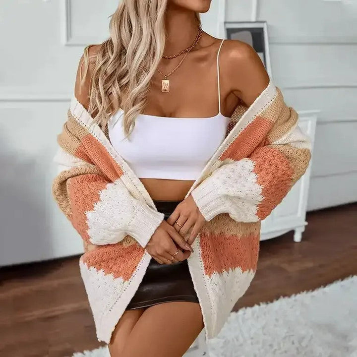Mune | Women's Knitted Cardigan with Color Blocks and Open Front