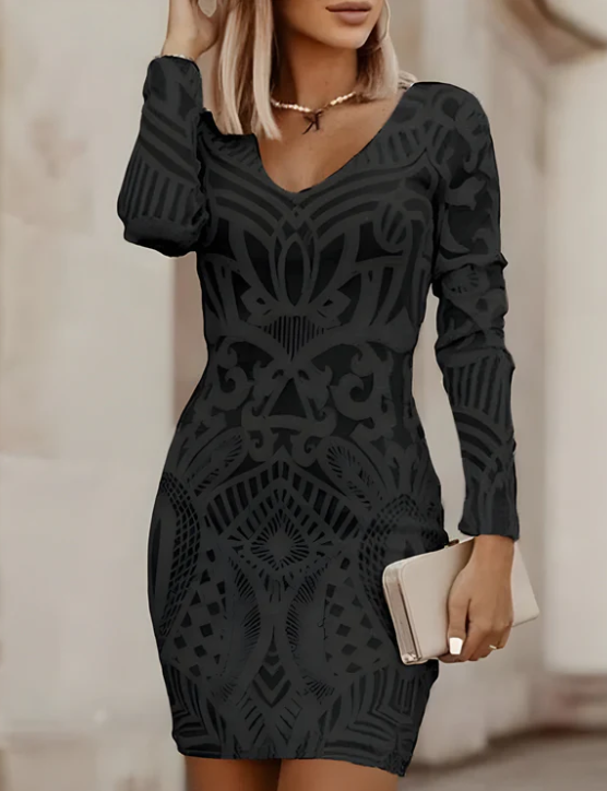 Mune | Form-Fitting Bodycon Dress with V-Neck & Pattern Texture