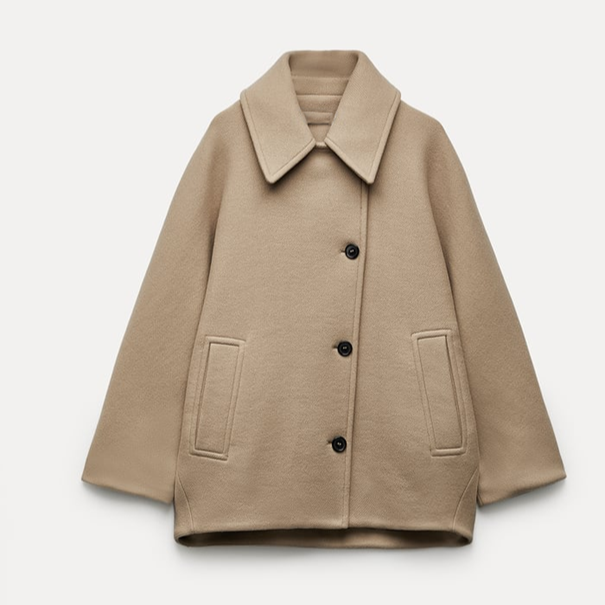 Mune | Women Oversized Beige Wool Jacket with Buttons and Long Sleeves