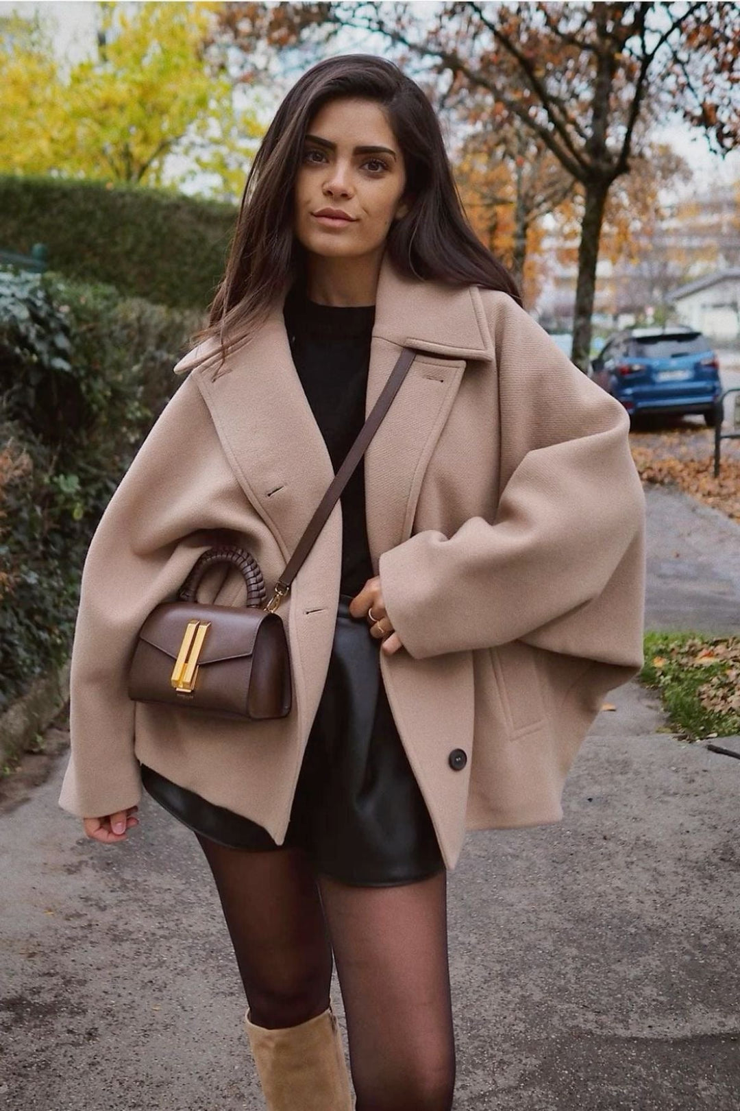 Mune | Women Oversized Beige Wool Jacket with Buttons and Long Sleeves