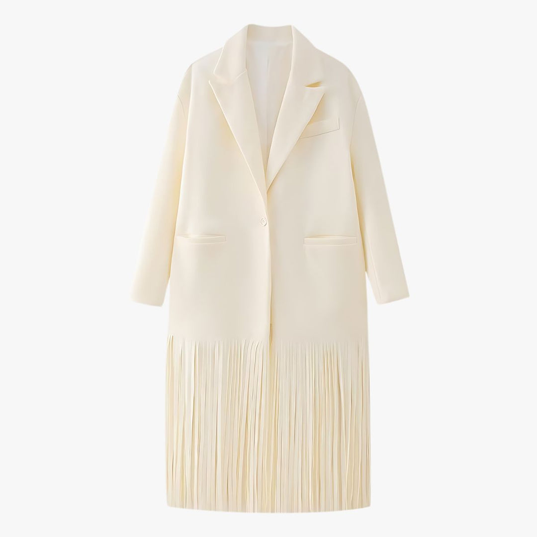 Mune | Women's elegant cream white jacket with fringe detail and classic lapel collar