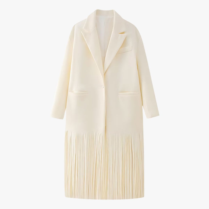 Mune | Women's elegant cream white jacket with fringe detail and classic lapel collar