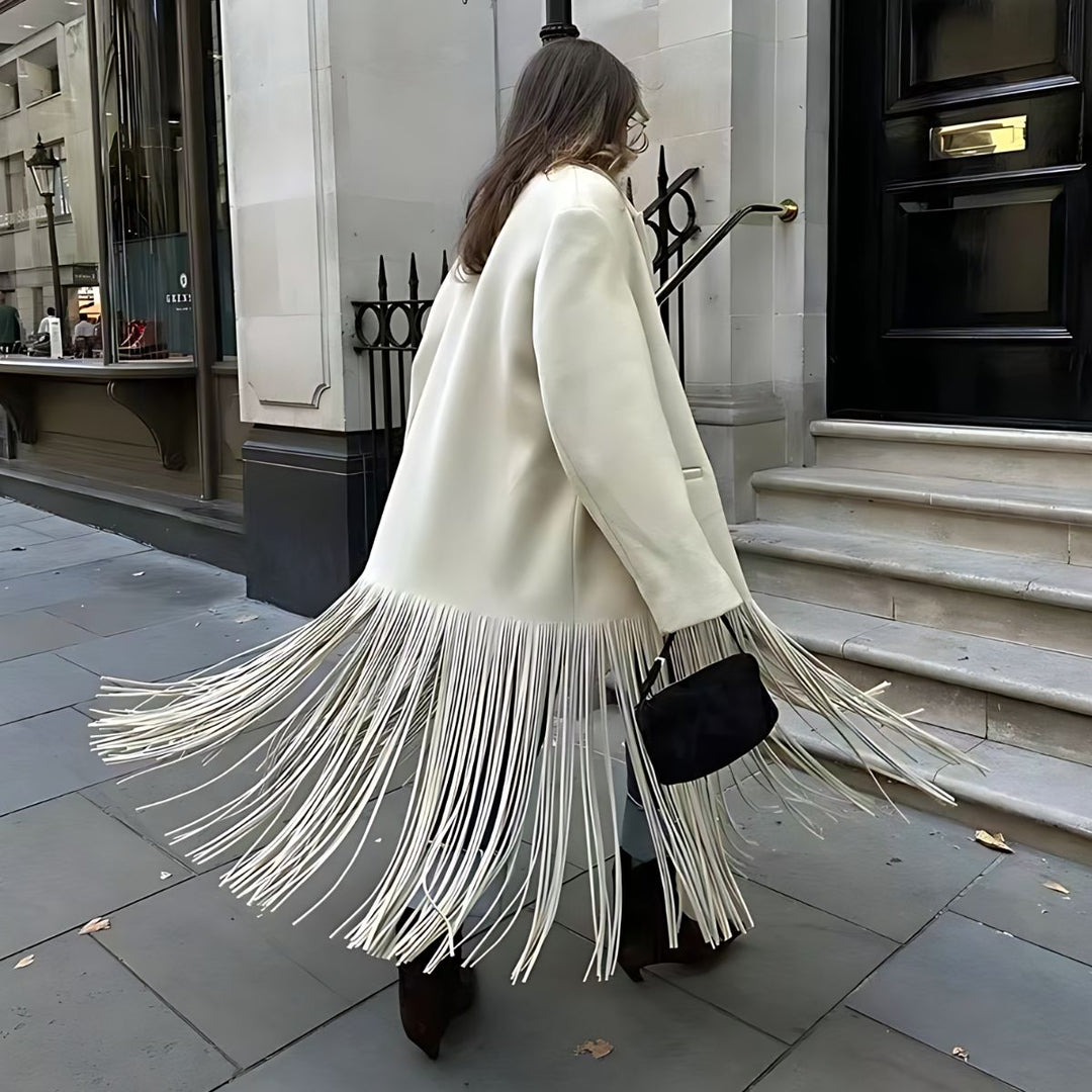 Mune | Women's elegant cream white jacket with fringe detail and classic lapel collar