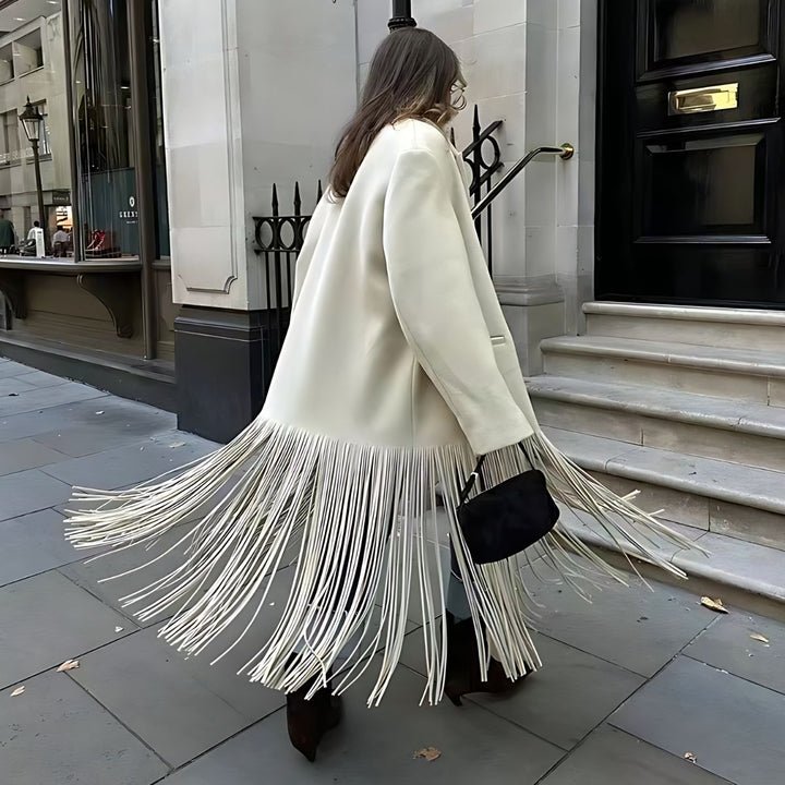 Mune | Women's elegant cream white jacket with fringe detail and classic lapel collar