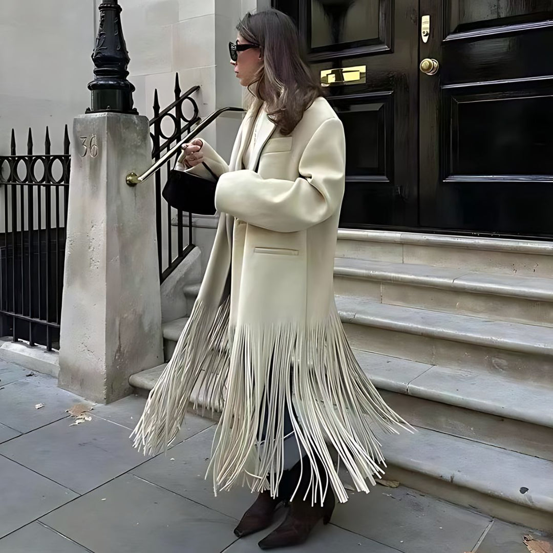 Mune | Women's elegant cream white jacket with fringe detail and classic lapel collar