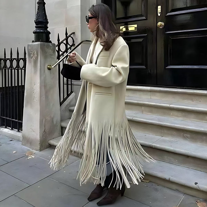 Mune | Women's elegant cream white jacket with fringe detail and classic lapel collar