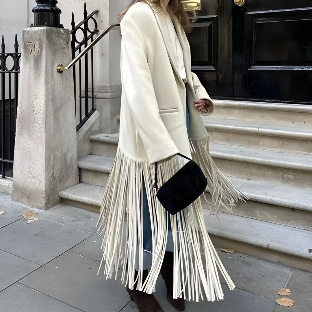 Mune | Women's elegant cream white jacket with fringe detail and classic lapel collar