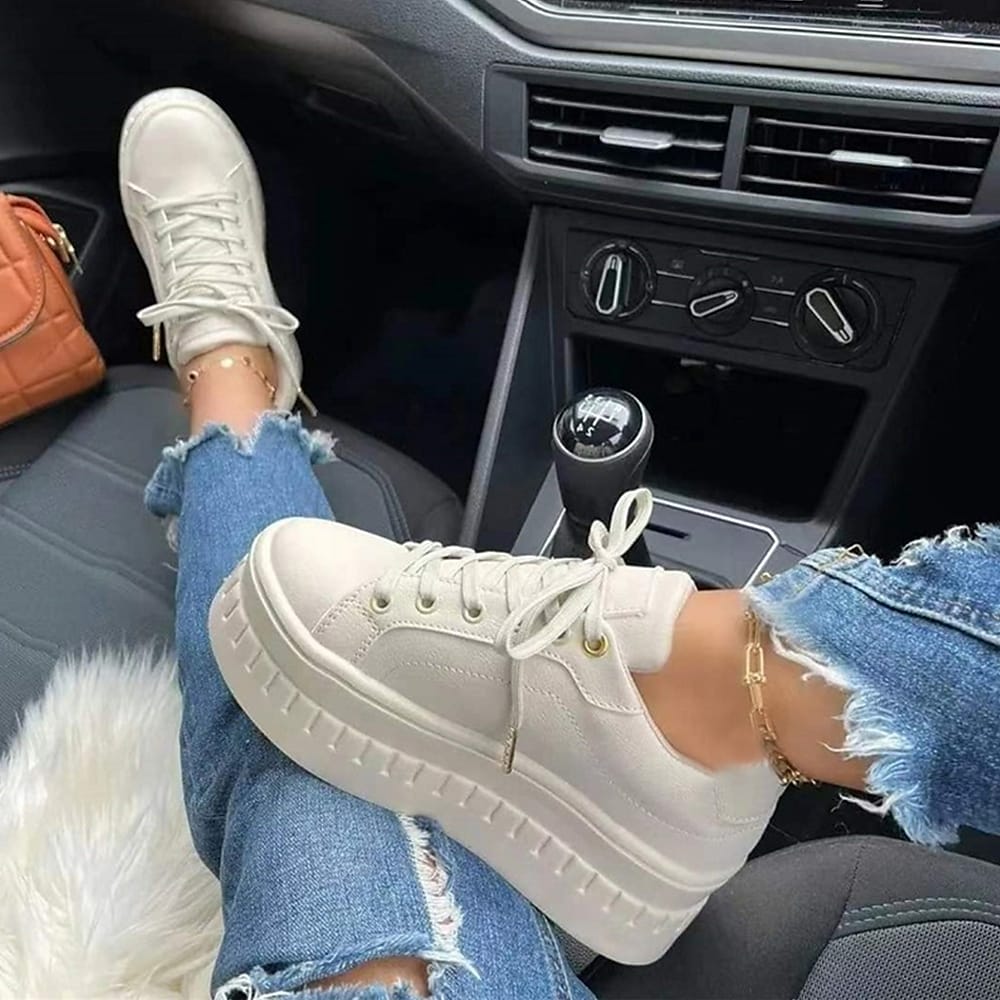 Platform Sneakers - Women Comfortable Laced Shoes with Thick Sole Mune Fashion