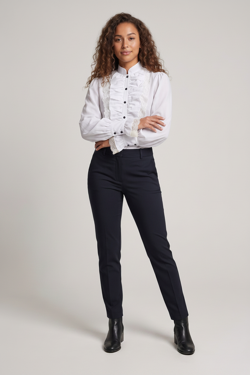 Ladies elegant ruffle blouse with lace accents Mune Fashion