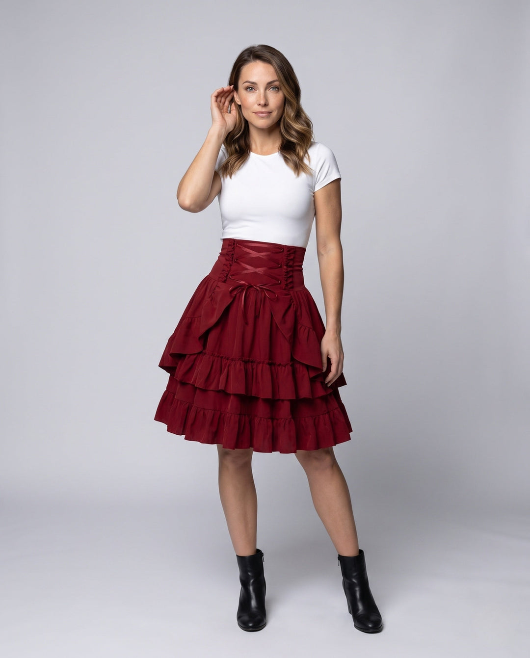 Women's Sweet Ruffled Dress with Apron Design and Lacing Details Mune Fashion