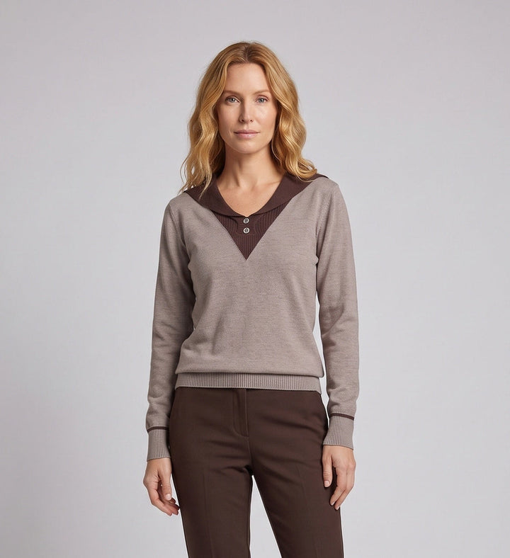 Women's fine-knit sweater with sailor collar, V-insert and decorative button placket Mune Fashion