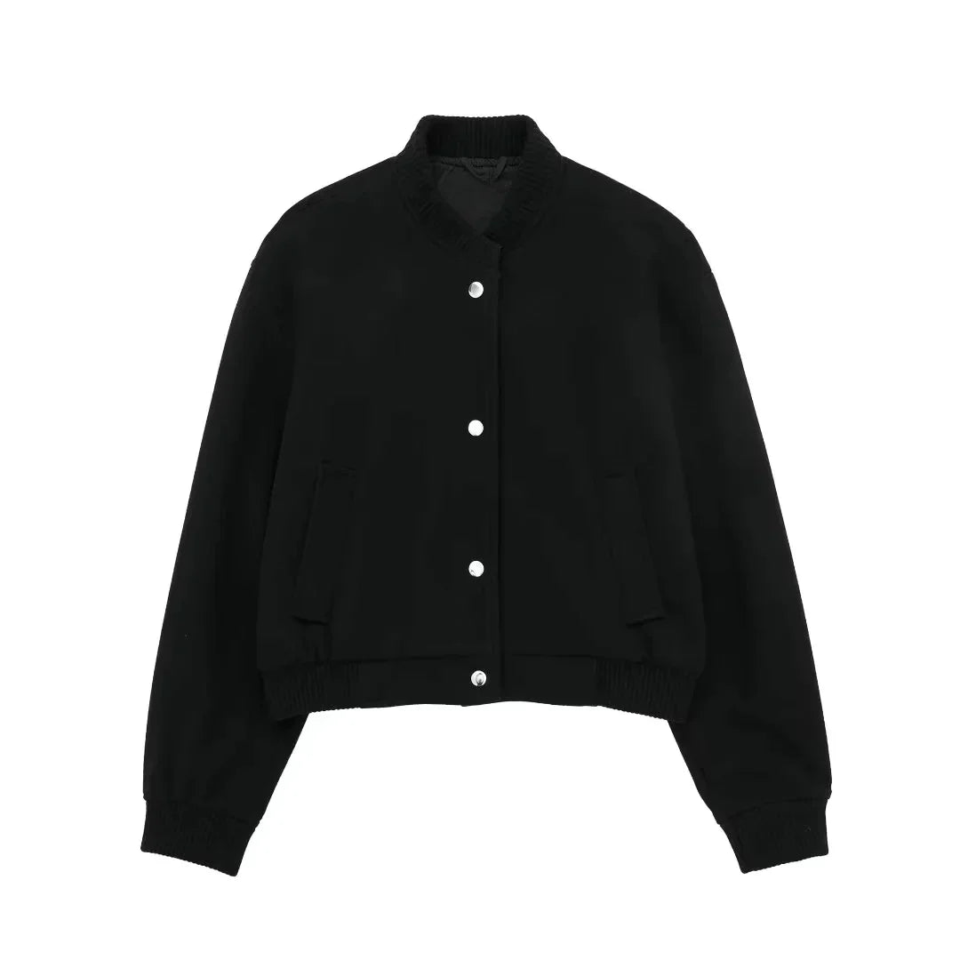 Mune | Women's Cropped Bomber Jacket with Buttons and Ribbed Cuffs