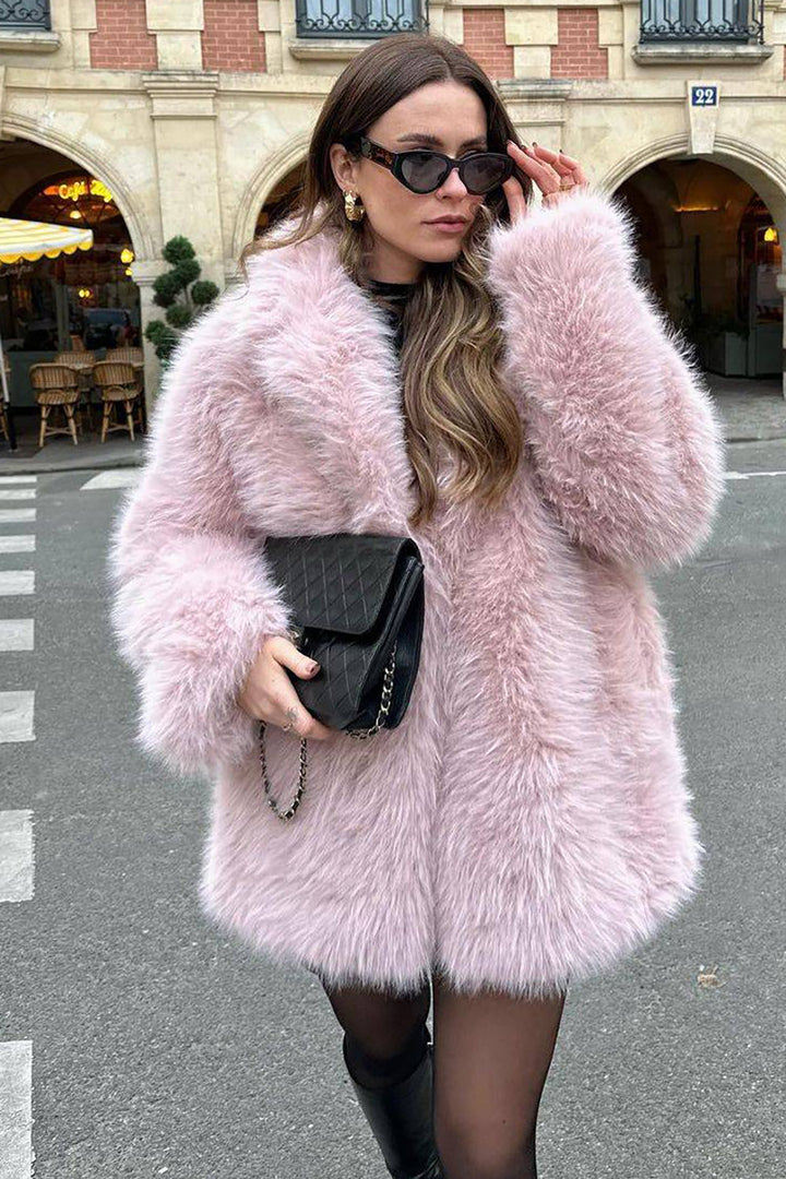 Mune | Women's Long Faux Fur Coat with Open Front and Soft Finish in Pink
