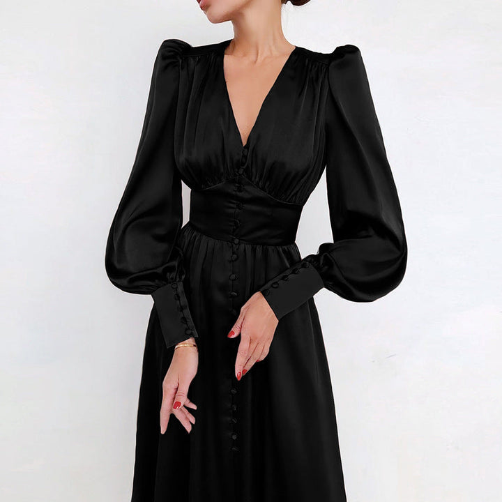 Elegant party dress with V-neck and puff sleeves for women