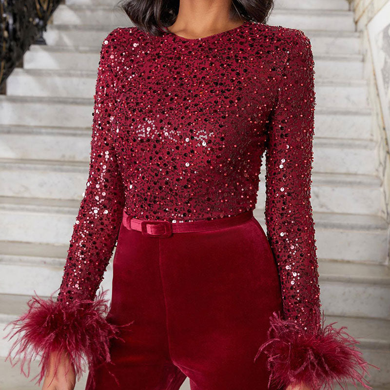 Mune | Jumpsuit with Glitter and Feathers