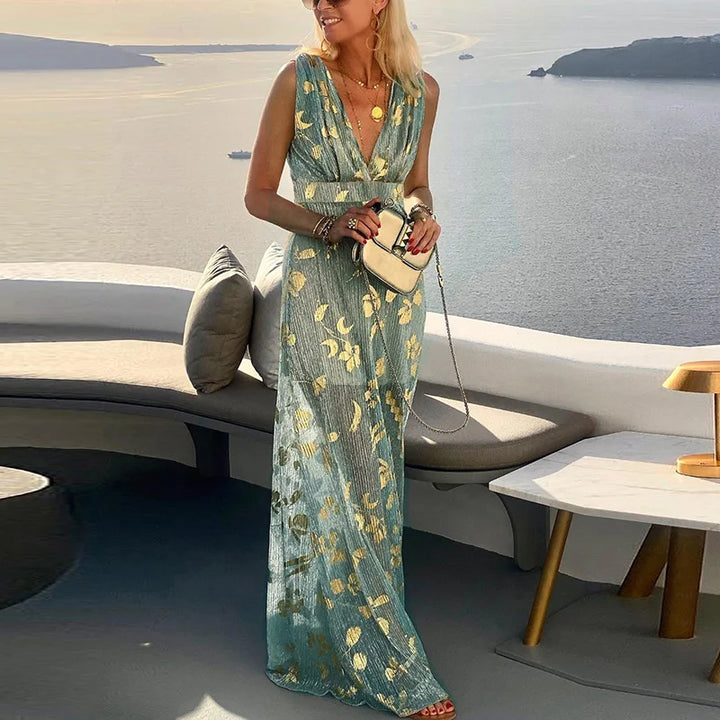 Flowing dress with V-neck and sequin embellishment