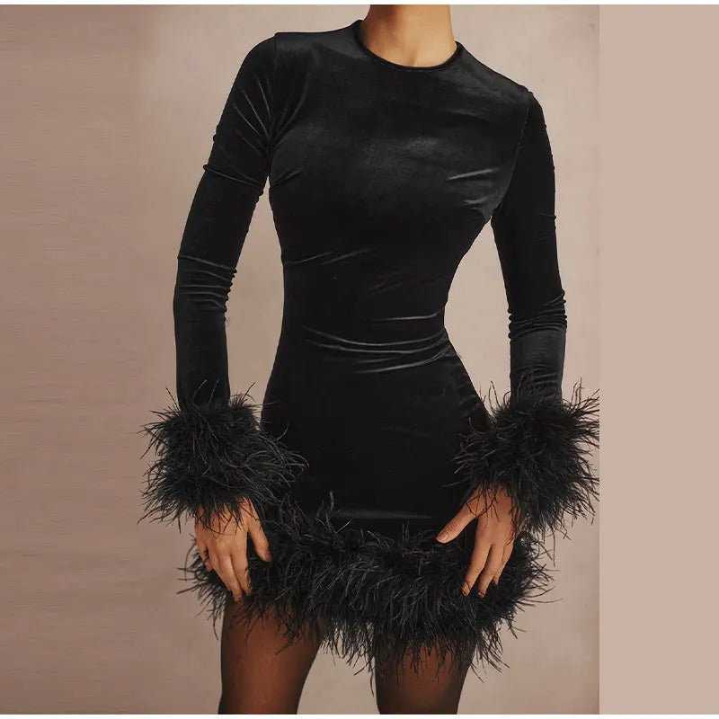 Mune | Elegant Tube Dress With Feather Details On The Sleeves