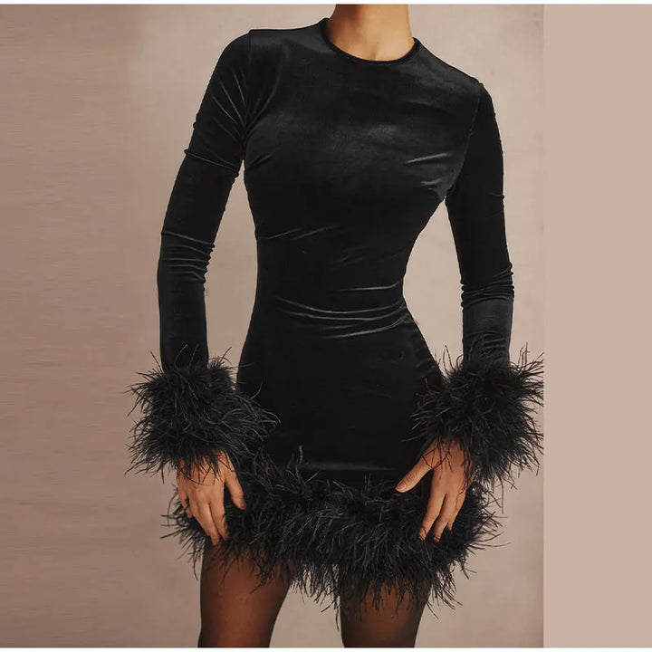 Mune | Elegant Tube Dress With Feather Details On The Sleeves