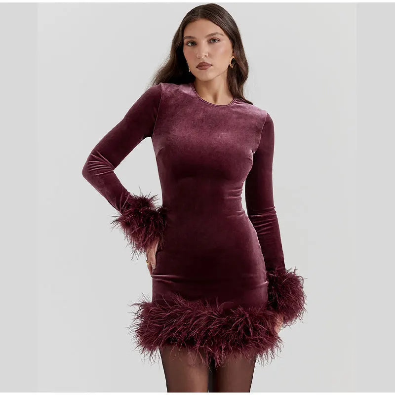 Mune | Elegant Tube Dress With Feather Details On The Sleeves