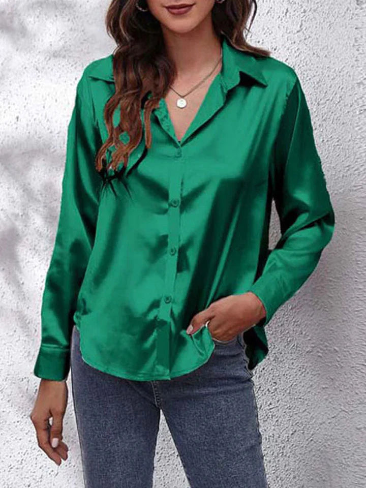 Satin blouse for women - Loose fit - Button placket - Long sleeves made of silk