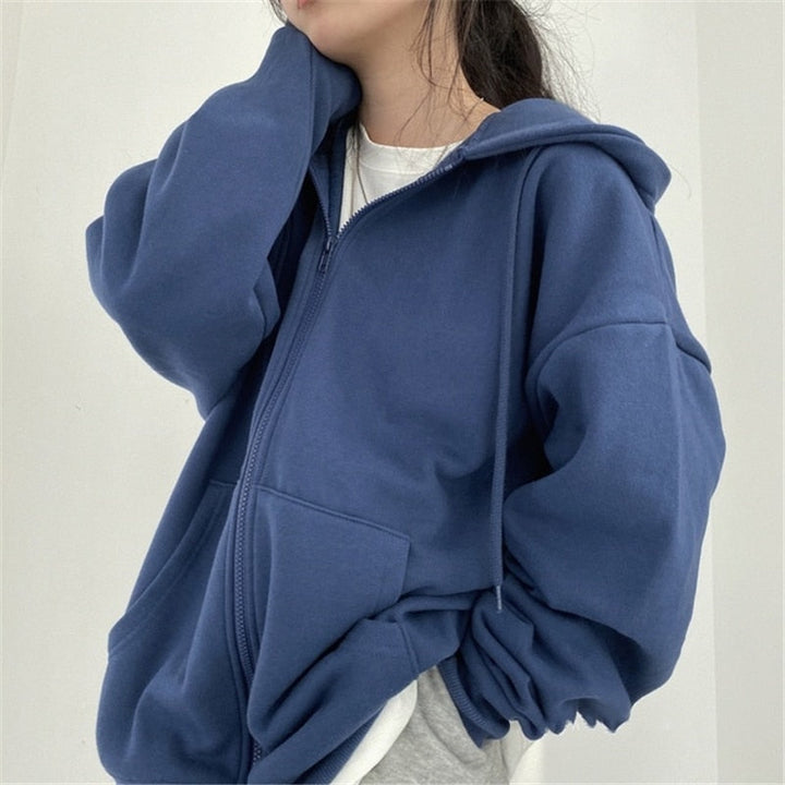 Mune | Zip-up Oversized Solid Pocket Hooded Long Sleeve Loose Baseball Jacket