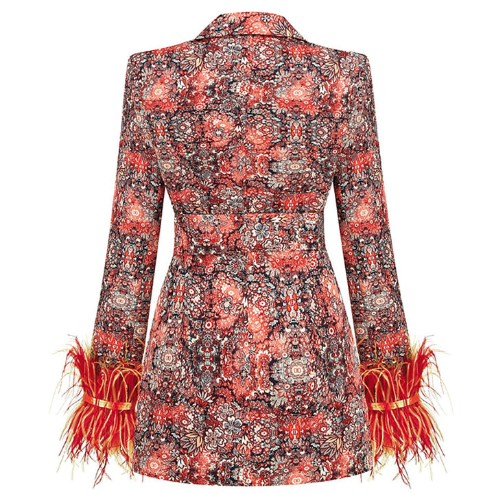 Mune | Blazer Dress with V-Neck, Feathers and Abstract Pattern for Women