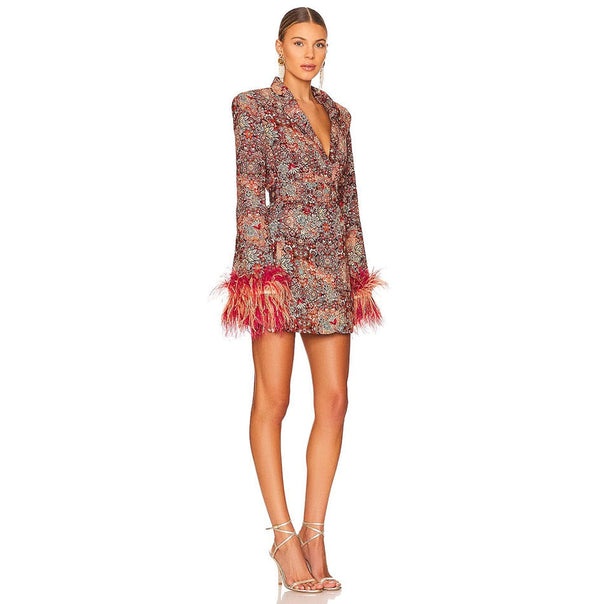 Mune | Blazer Dress with V-Neck, Feathers and Abstract Pattern for Women