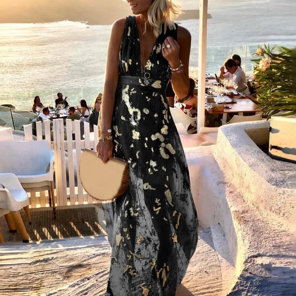 Flowing dress with V-neck and sequin embellishment