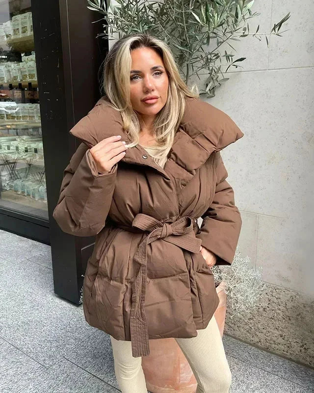 Mune | Jacket with Belt for Women Warm Brown Jacket with Oversized Collar