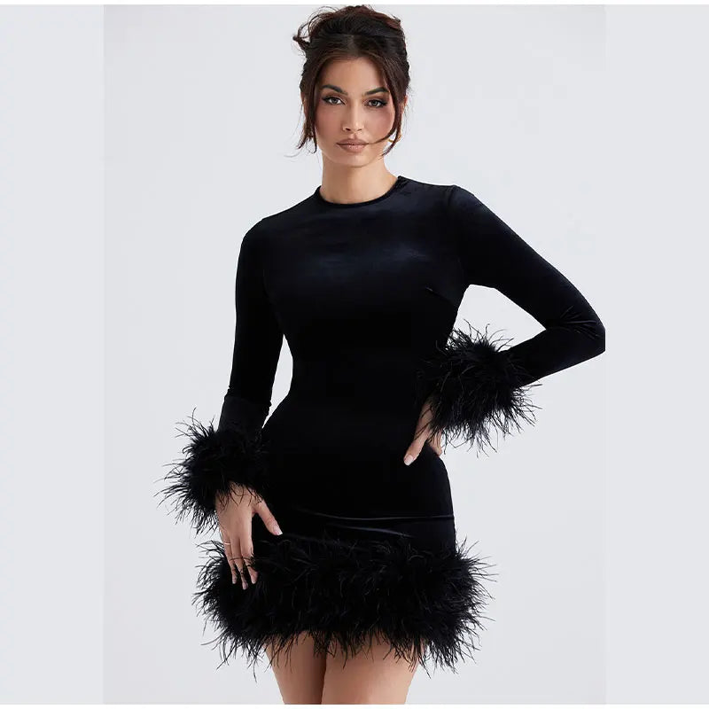 Mune | Elegant Tube Dress With Feather Details On The Sleeves