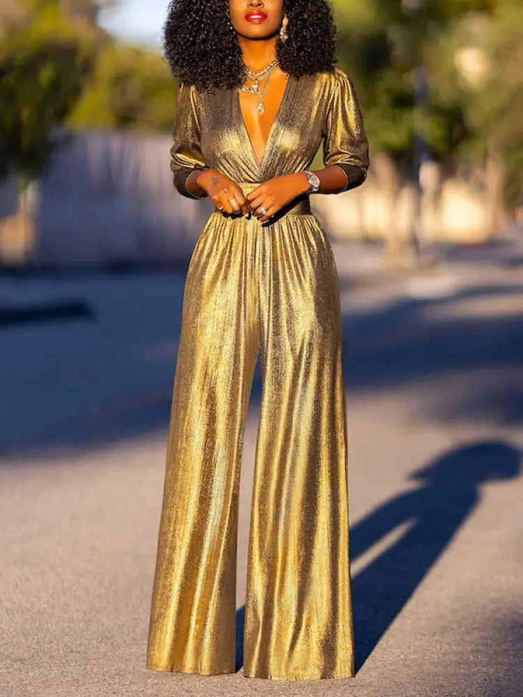 Mune Fashion Women's Jumpsuit with V-Neck and Metallic Look