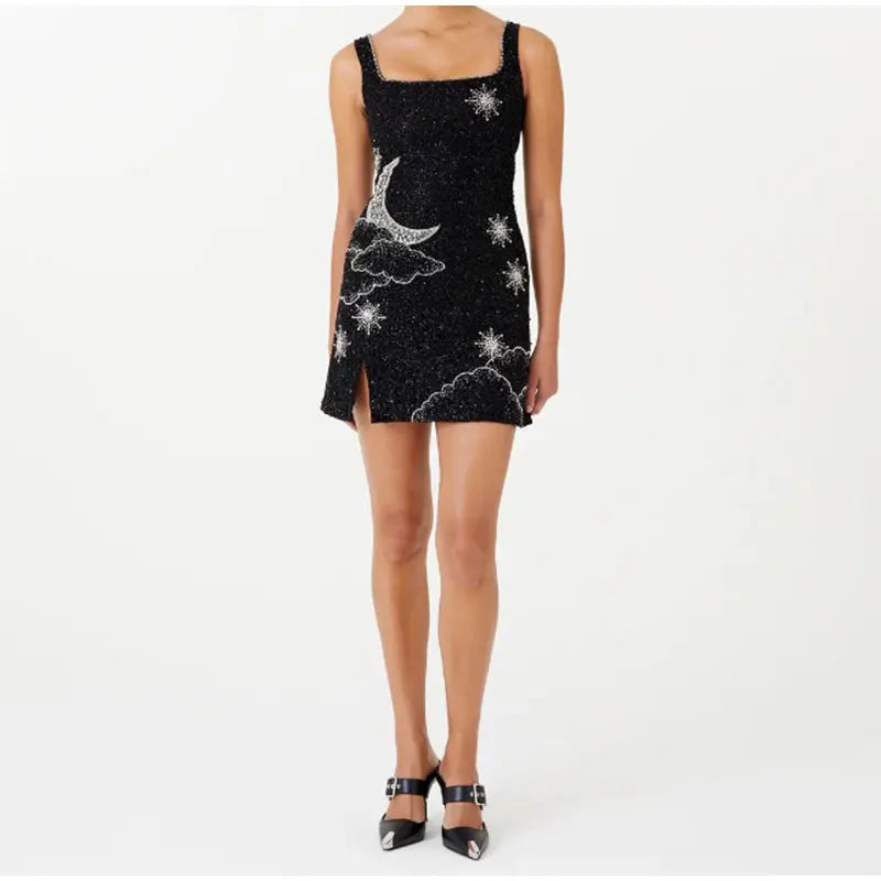 Mune | Celestial Sparkle Mini Dress Party Dress with Moon and Star Decoration