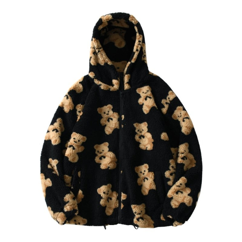 Mune | Bear Teddy Print Plush Jacket Fluffy Hood Outerwear