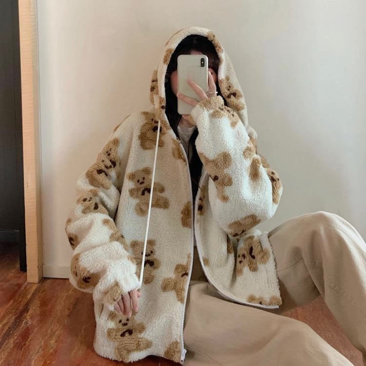 Mune | Bear Teddy Print Plush Jacket Fluffy Hood Outerwear