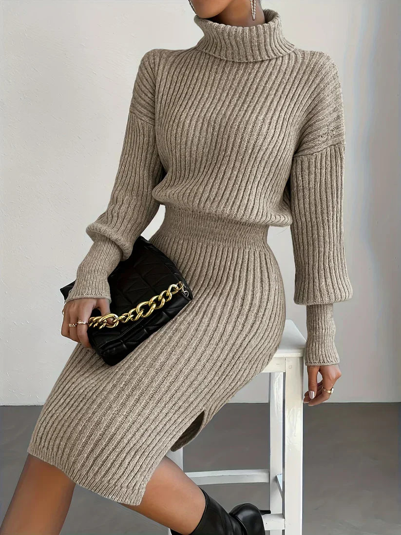 Mune | Chic Winter Khaki Fitted Turtleneck Dress for Women
