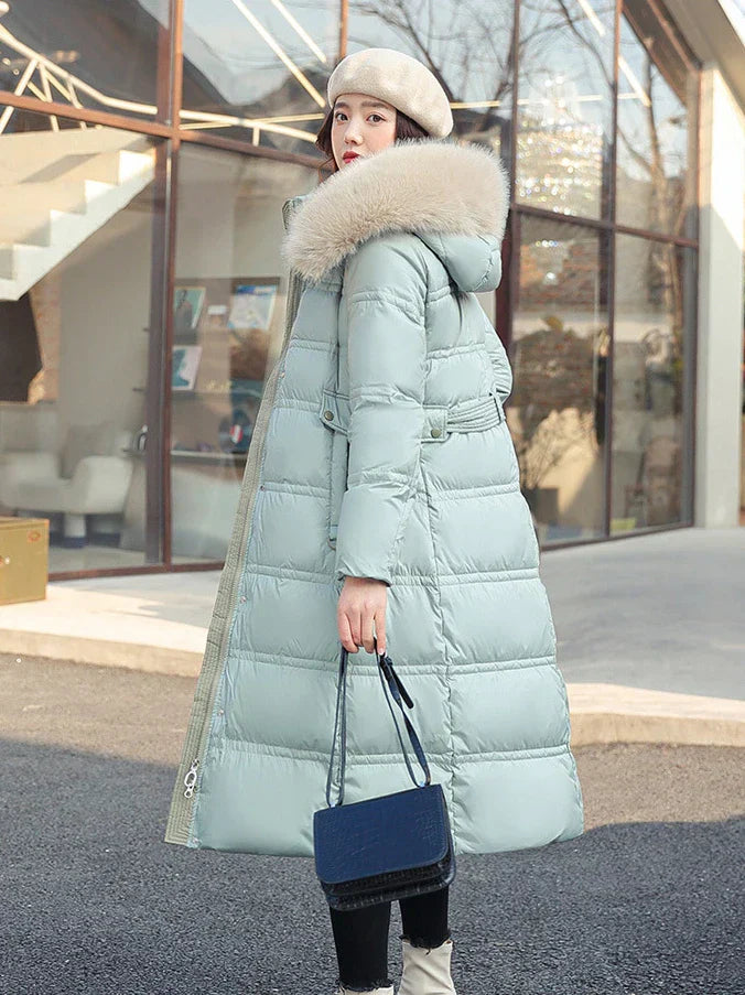 Mune | Long Winter Jacket Puffer Design Faux Fur Hood Tailored Belt Warm and Insulating