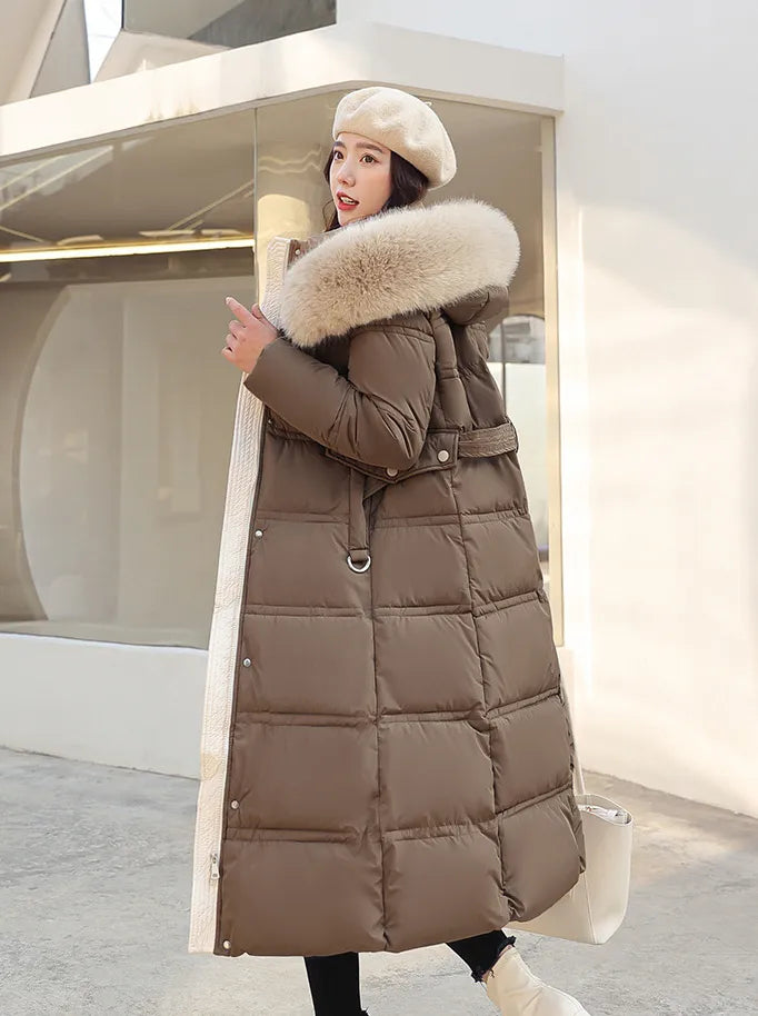 Mune | Long Winter Jacket Puffer Design Faux Fur Hood Tailored Belt Warm and Insulating
