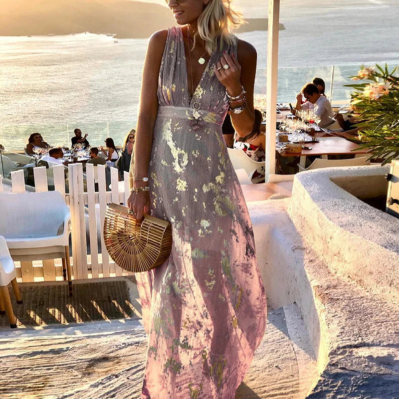 Flowing dress with V-neck and sequin embellishment