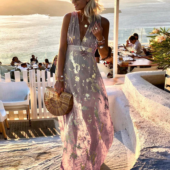 Flowing dress with V-neck and sequin embellishment