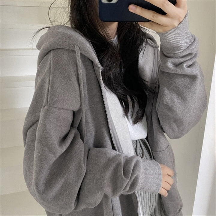 Mune | Zip-up Oversized Solid Pocket Hooded Long Sleeve Loose Baseball Jacket