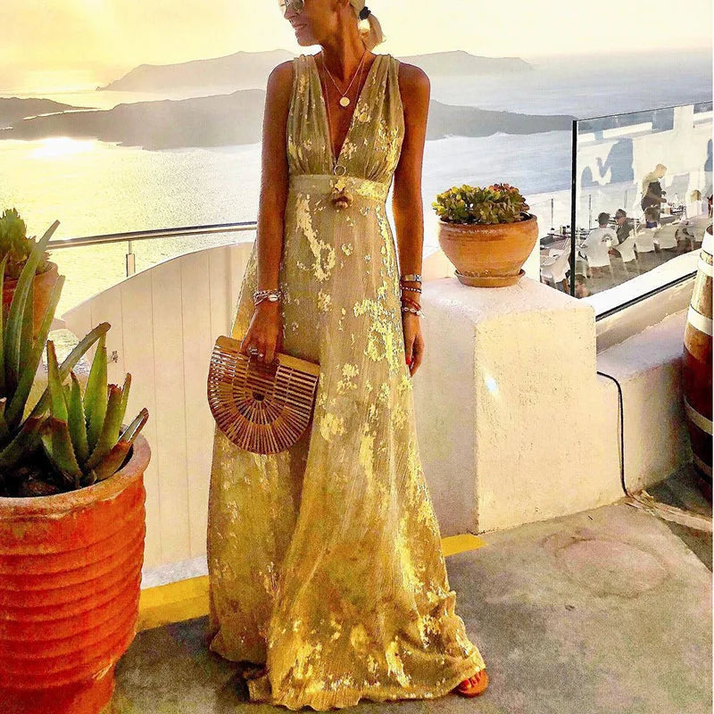 Flowing dress with V-neck and sequin embellishment