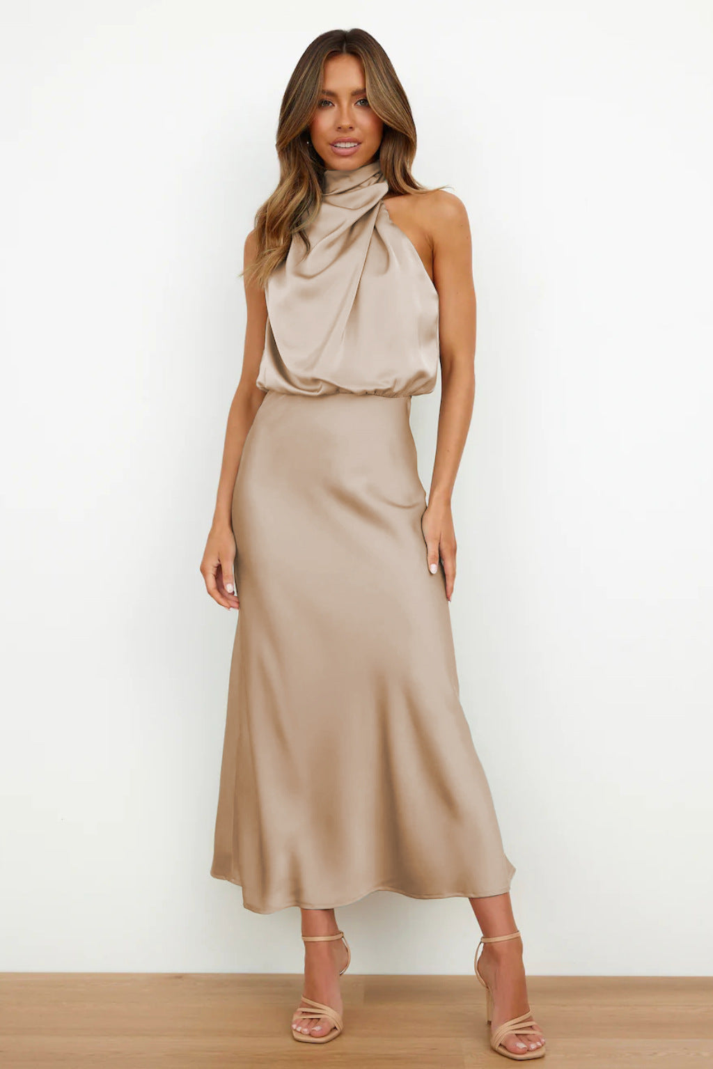 Long satin dress with halter neck