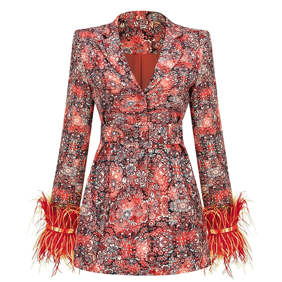 Mune | Blazer Dress with V-Neck, Feathers and Abstract Pattern for Women