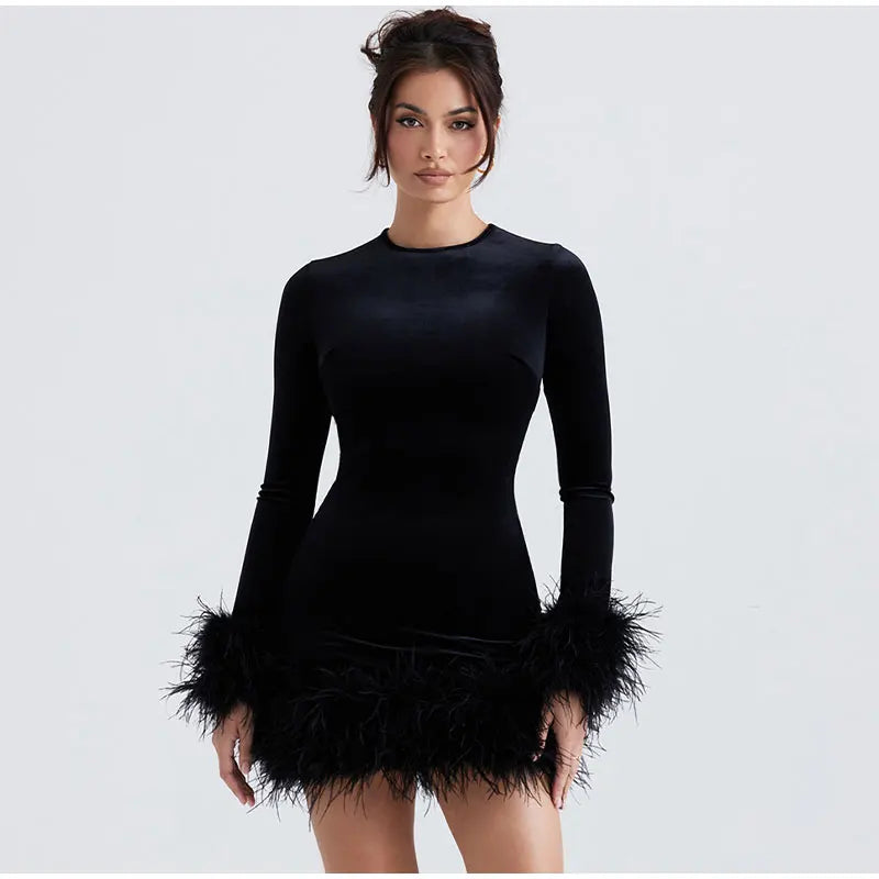 Mune | Elegant Tube Dress With Feather Details On The Sleeves