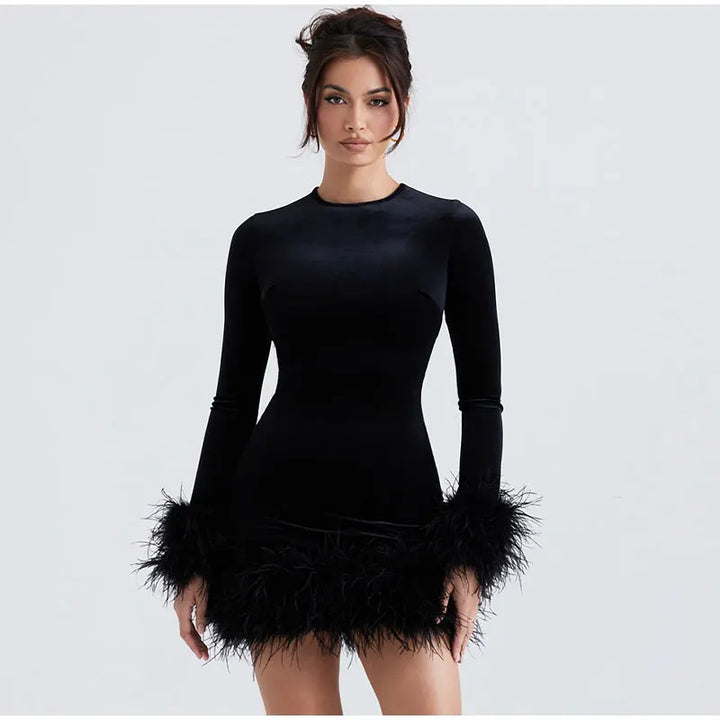 Mune | Elegant Tube Dress With Feather Details On The Sleeves