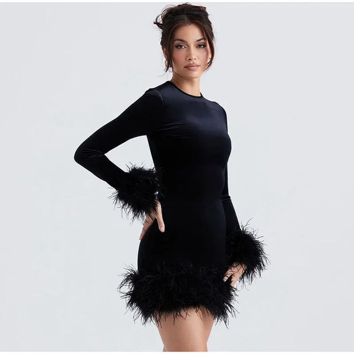Mune | Elegant Tube Dress With Feather Details On The Sleeves